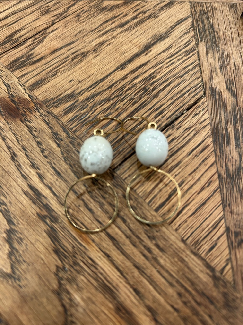 Gold Hoop Earrings with White Speckled Beads - Women's Jewelry